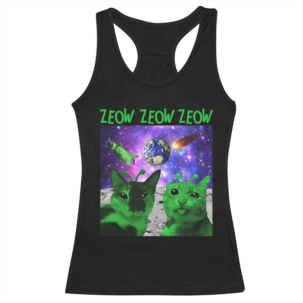Funny Alien Cat Meme Racerback Tank Top Green Cats ZEOW ZEOW TS09 Black Print Your Wear