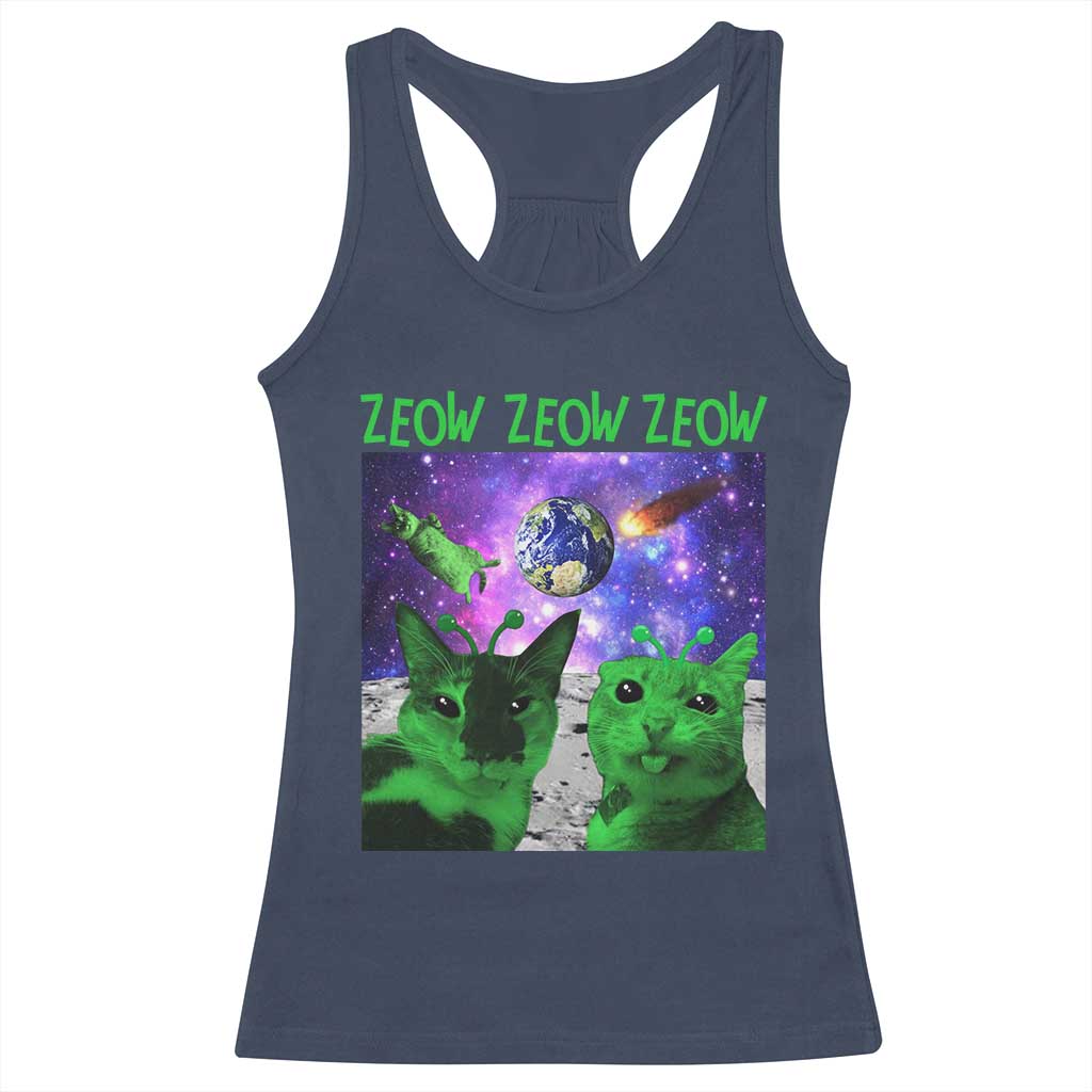 Funny Alien Cat Meme Racerback Tank Top Green Cats ZEOW ZEOW TS09 Navy Print Your Wear