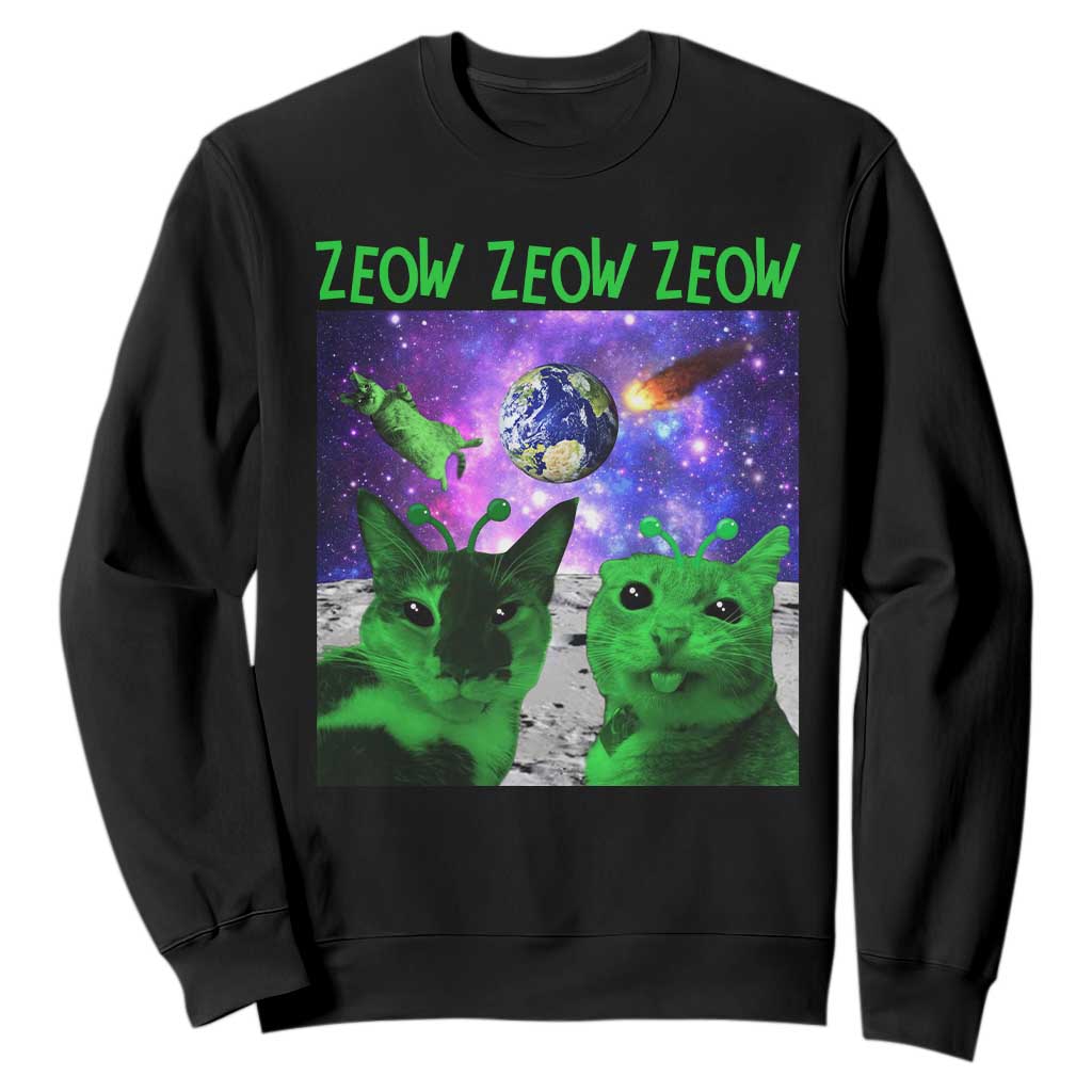 Funny Alien Cat Meme Sweatshirt Green Cats ZEOW ZEOW TS09 Black Print Your Wear