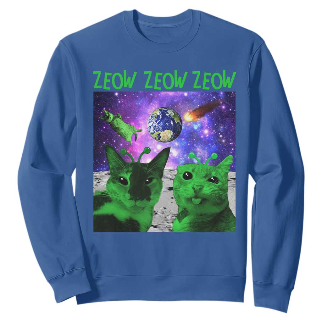 Funny Alien Cat Meme Sweatshirt Green Cats ZEOW ZEOW TS09 Royal Blue Print Your Wear