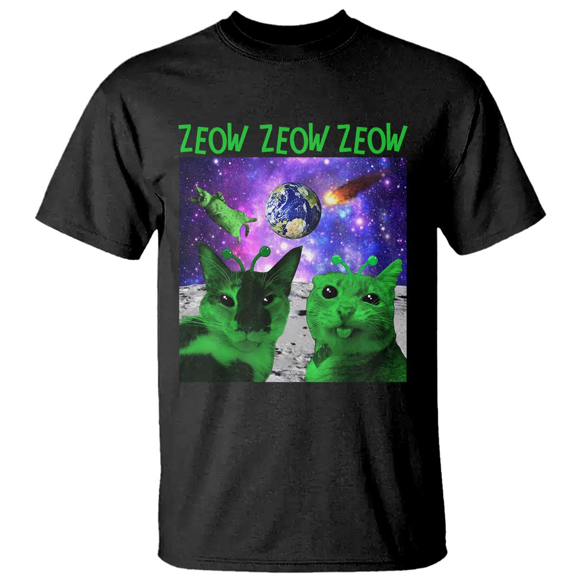 Funny Alien Cat Meme T Shirt Green Cats ZEOW ZEOW TS09 Black Print Your Wear