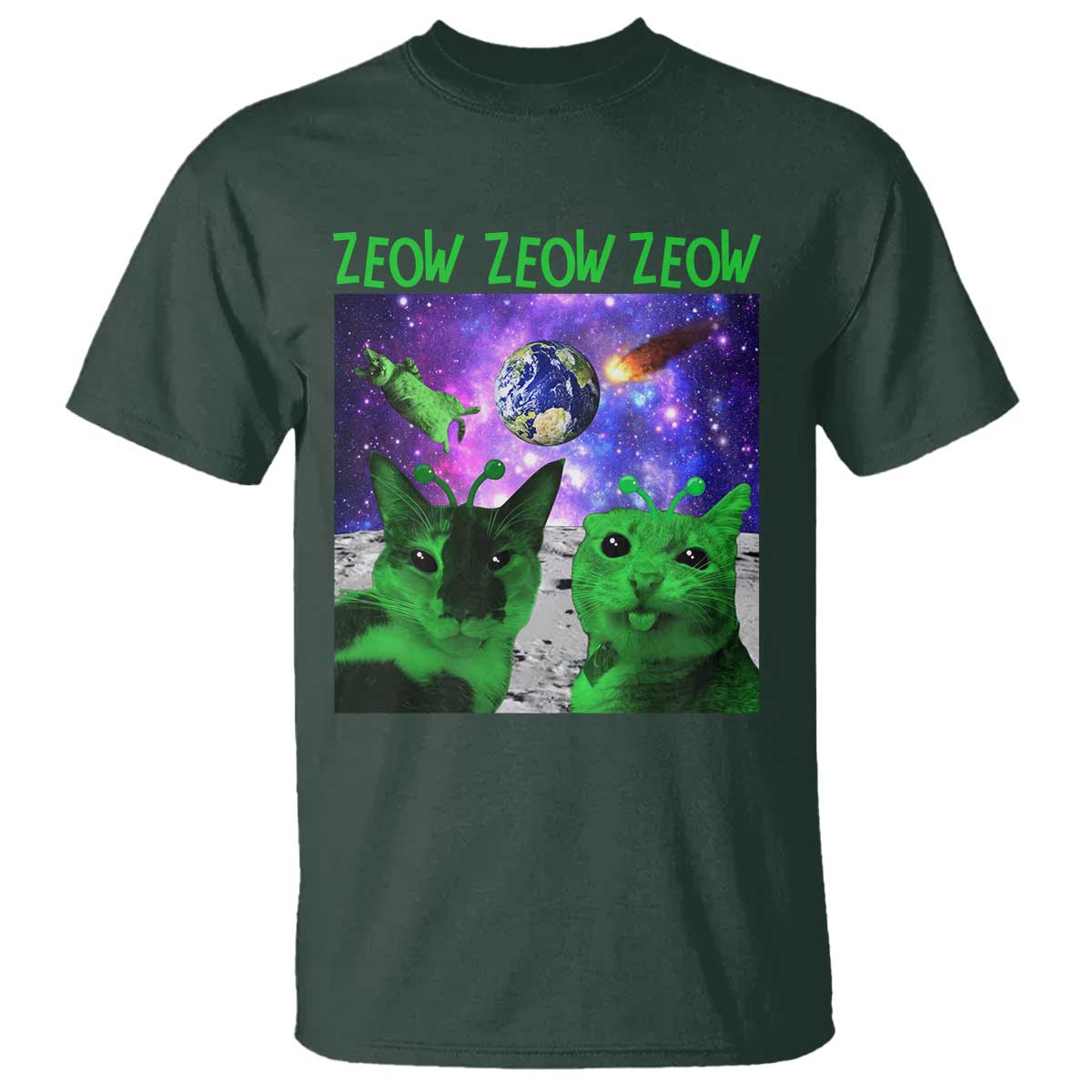 Funny Alien Cat Meme T Shirt Green Cats ZEOW ZEOW TS09 Dark Forest Green Print Your Wear