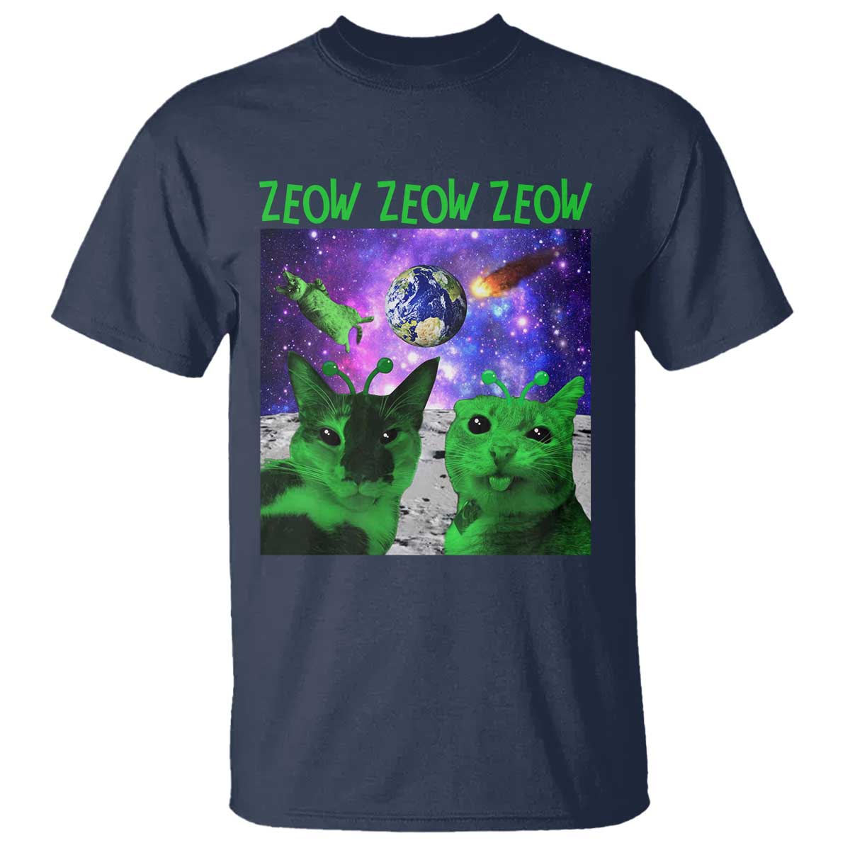 Funny Alien Cat Meme T Shirt Green Cats ZEOW ZEOW TS09 Navy Print Your Wear