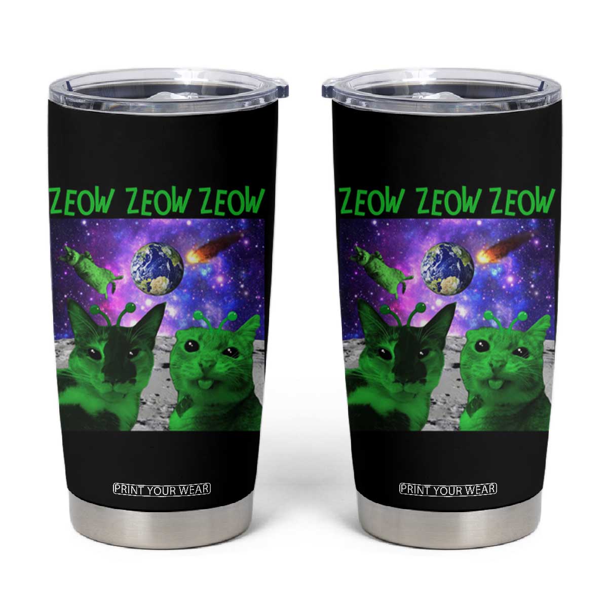 Funny Alien Cat Meme Tumbler Cup Green Cats ZEOW ZEOW TS09 Black Print Your Wear