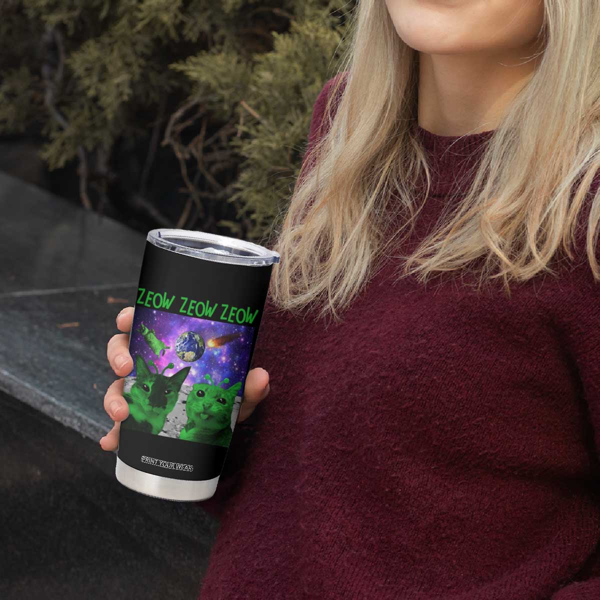 Funny Alien Cat Meme Tumbler Cup Green Cats ZEOW ZEOW TS09 Print Your Wear