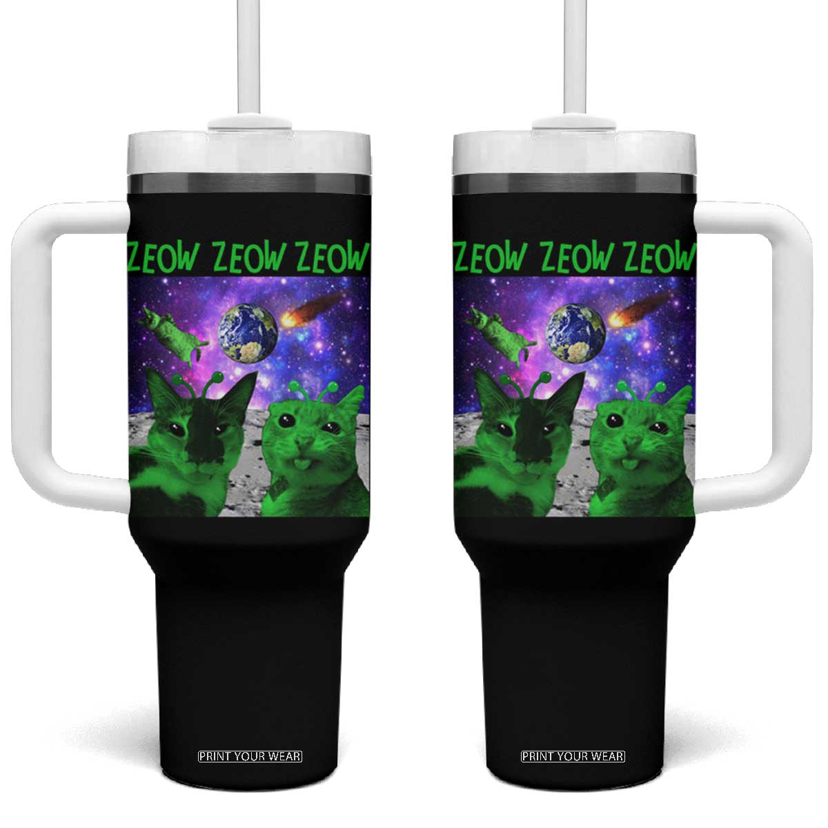 Funny Alien Cat Meme Tumbler With Handle Green Cats ZEOW ZEOW TS09 One Size: 40 oz Black Print Your Wear