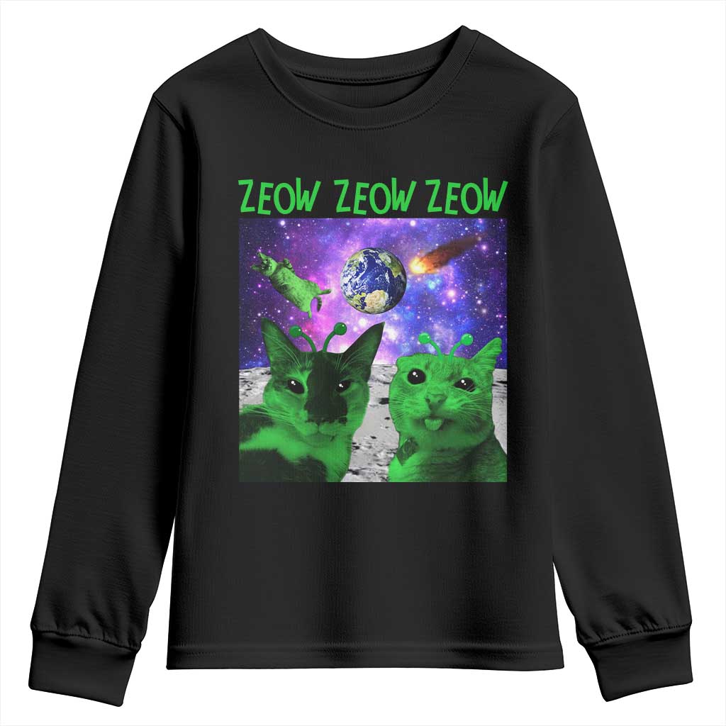 Funny Alien Cat Meme Youth Sweatshirt Green Cats ZEOW ZEOW TS09 Black Print Your Wear