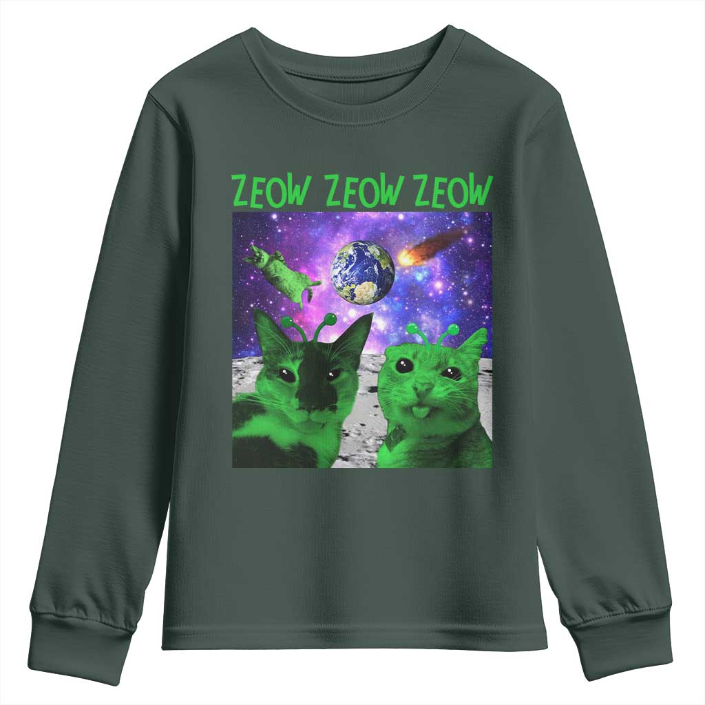 Funny Alien Cat Meme Youth Sweatshirt Green Cats ZEOW ZEOW TS09 Dark Forest Green Print Your Wear