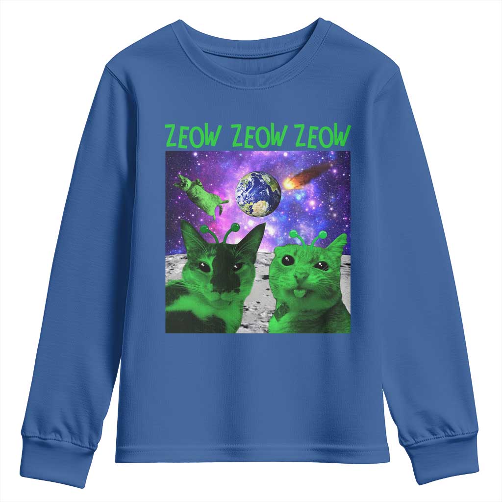 Funny Alien Cat Meme Youth Sweatshirt Green Cats ZEOW ZEOW TS09 Royal Blue Print Your Wear