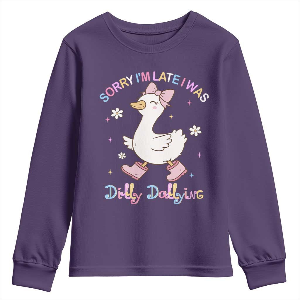 Funny Sorry I'm Late I Was Dilly Dallying Youth Sweatshirt Cute Goose TS09 Purple Print Your Wear