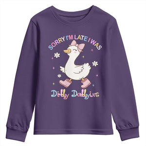 Funny Sorry I'm Late I Was Dilly Dallying Youth Sweatshirt Cute Goose TS09 Purple Print Your Wear