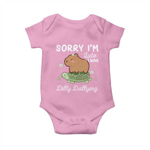 Funny Sorry I'm Late I Was Dilly Dallying Baby Onesie Cute Capybara and Turtle TS09 Light Pink Print Your Wear