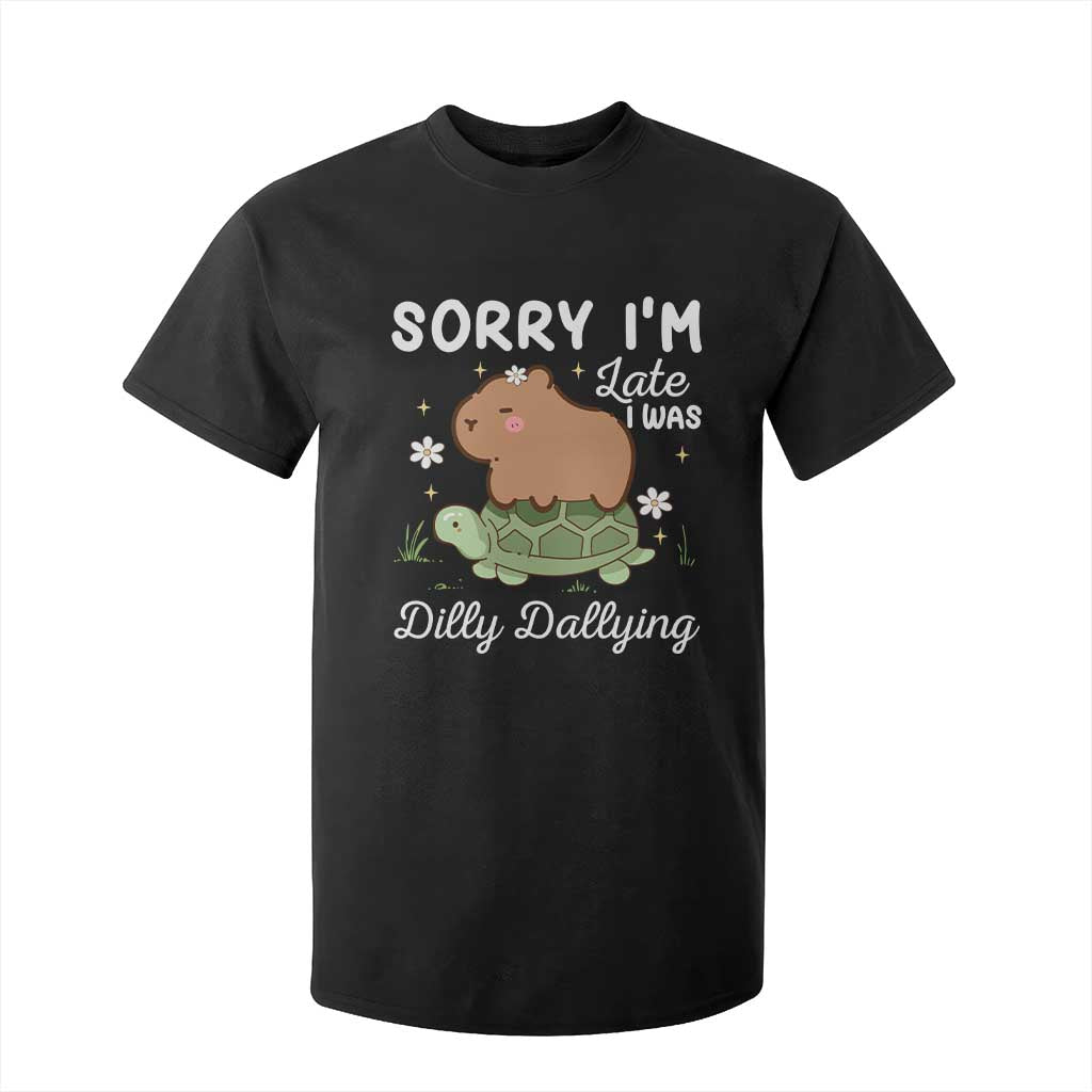 Funny Sorry I'm Late I Was Dilly Dallying T Shirt For Kid Cute Capybara and Turtle TS09 Black Print Your Wear