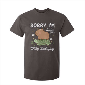 Funny Sorry I'm Late I Was Dilly Dallying T Shirt For Kid Cute Capybara and Turtle TS09 Dark Chocolate Print Your Wear