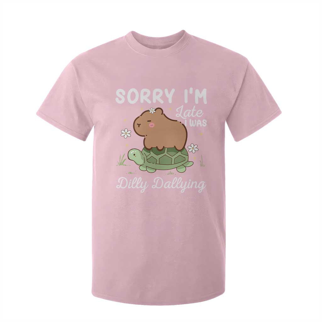 Funny Sorry I'm Late I Was Dilly Dallying T Shirt For Kid Cute Capybara and Turtle TS09 Light Pink Print Your Wear