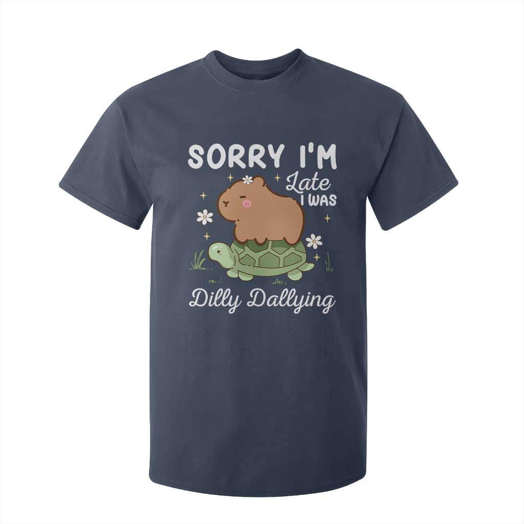 Funny Sorry I'm Late I Was Dilly Dallying T Shirt For Kid Cute Capybara and Turtle TS09 Navy Print Your Wear