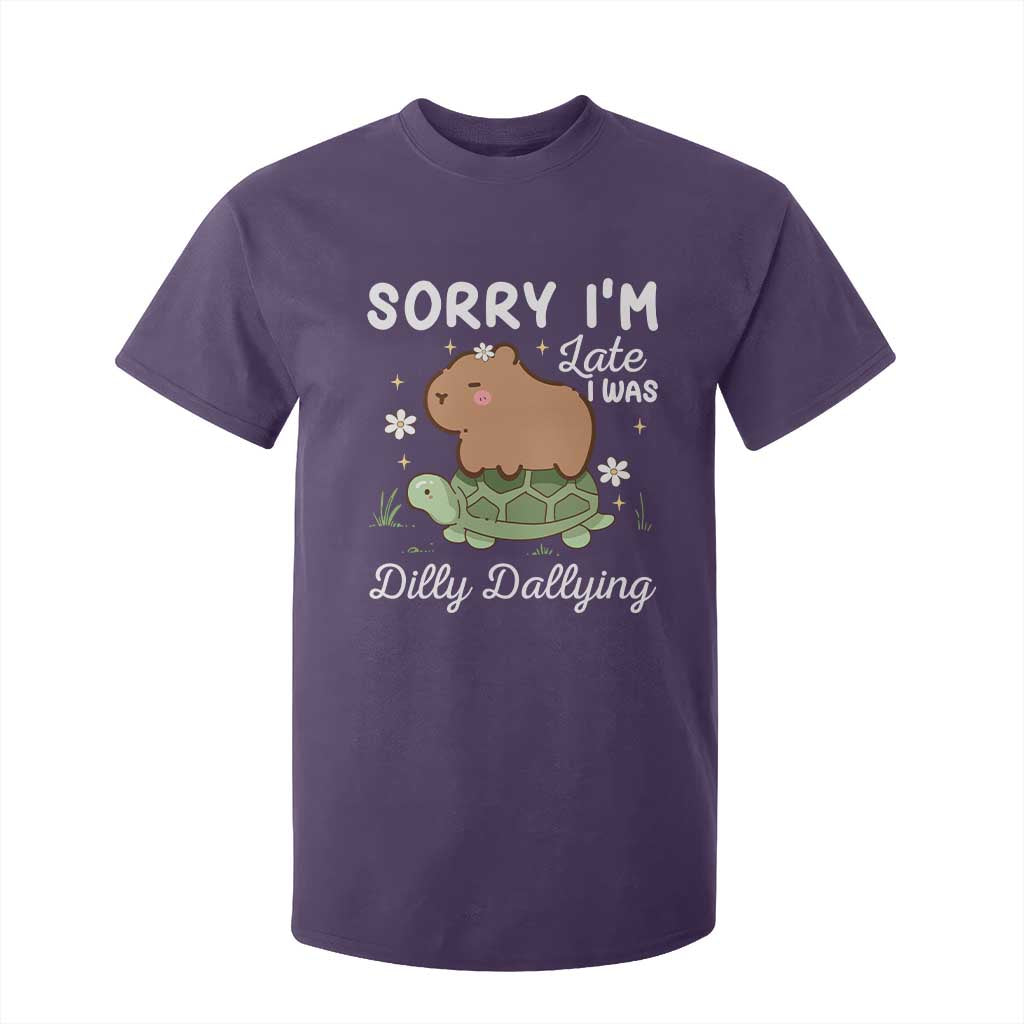 Funny Sorry I'm Late I Was Dilly Dallying T Shirt For Kid Cute Capybara and Turtle TS09 Purple Print Your Wear