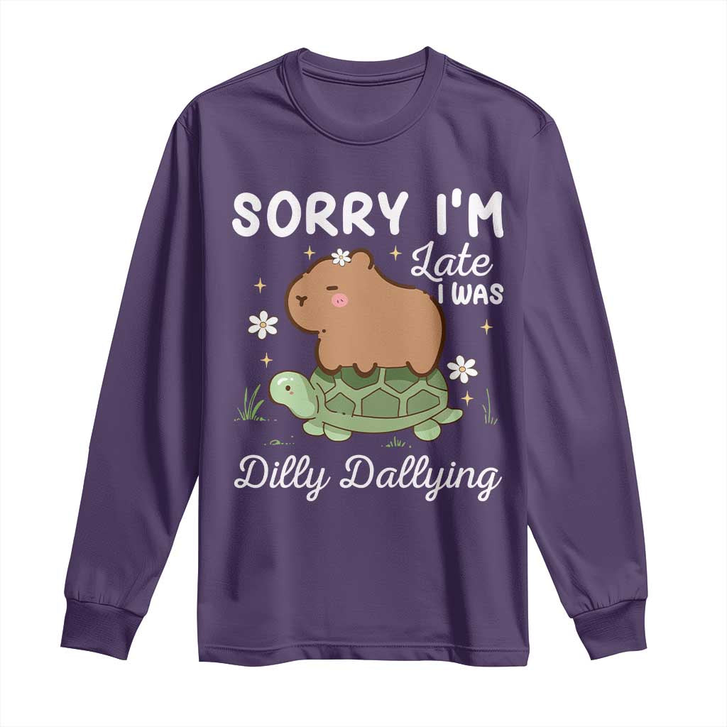 Funny Sorry I'm Late I Was Dilly Dallying Long Sleeve Shirt Cute Capybara and Turtle TS09 Purple Print Your Wear