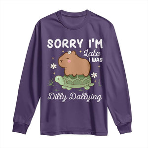 Funny Sorry I'm Late I Was Dilly Dallying Long Sleeve Shirt Cute Capybara and Turtle TS09 Purple Print Your Wear