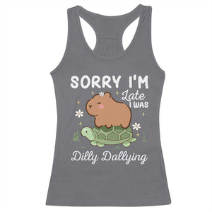 Funny Sorry I'm Late I Was Dilly Dallying Racerback Tank Top Cute Capybara and Turtle TS09 Charcoal Print Your Wear