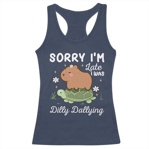 Funny Sorry I'm Late I Was Dilly Dallying Racerback Tank Top Cute Capybara and Turtle TS09 Navy Print Your Wear