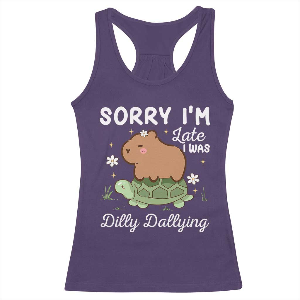 Funny Sorry I'm Late I Was Dilly Dallying Racerback Tank Top Cute Capybara and Turtle TS09 Purple Print Your Wear