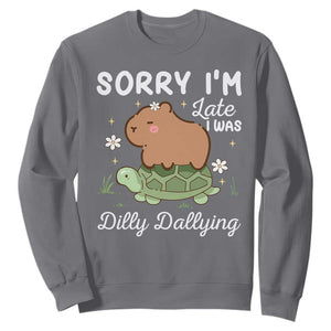 Funny Sorry I'm Late I Was Dilly Dallying Sweatshirt Cute Capybara and Turtle TS09 Charcoal Print Your Wear