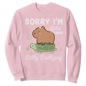 Funny Sorry I'm Late I Was Dilly Dallying Sweatshirt Cute Capybara and Turtle TS09 Light Pink Print Your Wear