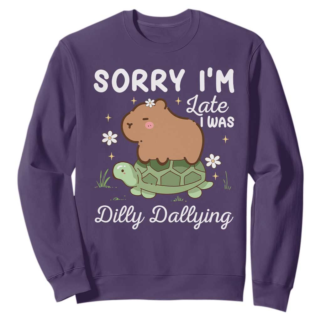 Funny Sorry I'm Late I Was Dilly Dallying Sweatshirt Cute Capybara and Turtle TS09 Purple Print Your Wear