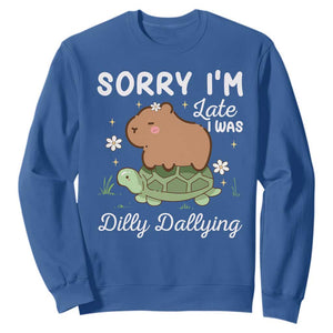 Funny Sorry I'm Late I Was Dilly Dallying Sweatshirt Cute Capybara and Turtle TS09 Royal Blue Print Your Wear