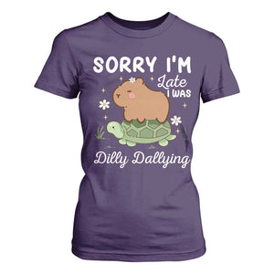 Funny Sorry I'm Late I Was Dilly Dallying T Shirt For Women Cute Capybara and Turtle TS09 Purple Print Your Wear