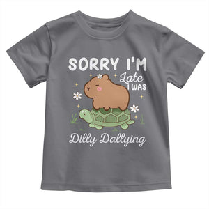 Funny Sorry I'm Late I Was Dilly Dallying Toddler T Shirt Cute Capybara and Turtle TS09 Charcoal Print Your Wear