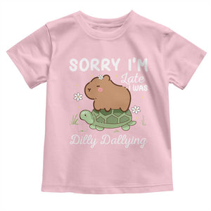 Funny Sorry I'm Late I Was Dilly Dallying Toddler T Shirt Cute Capybara and Turtle TS09 Light Pink Print Your Wear
