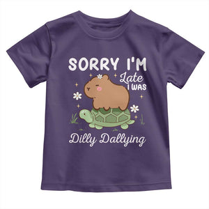 Funny Sorry I'm Late I Was Dilly Dallying Toddler T Shirt Cute Capybara and Turtle TS09 Purple Print Your Wear