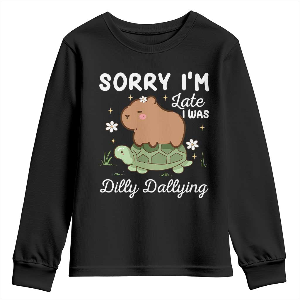 Funny Sorry I'm Late I Was Dilly Dallying Youth Sweatshirt Cute Capybara and Turtle TS09 Black Print Your Wear