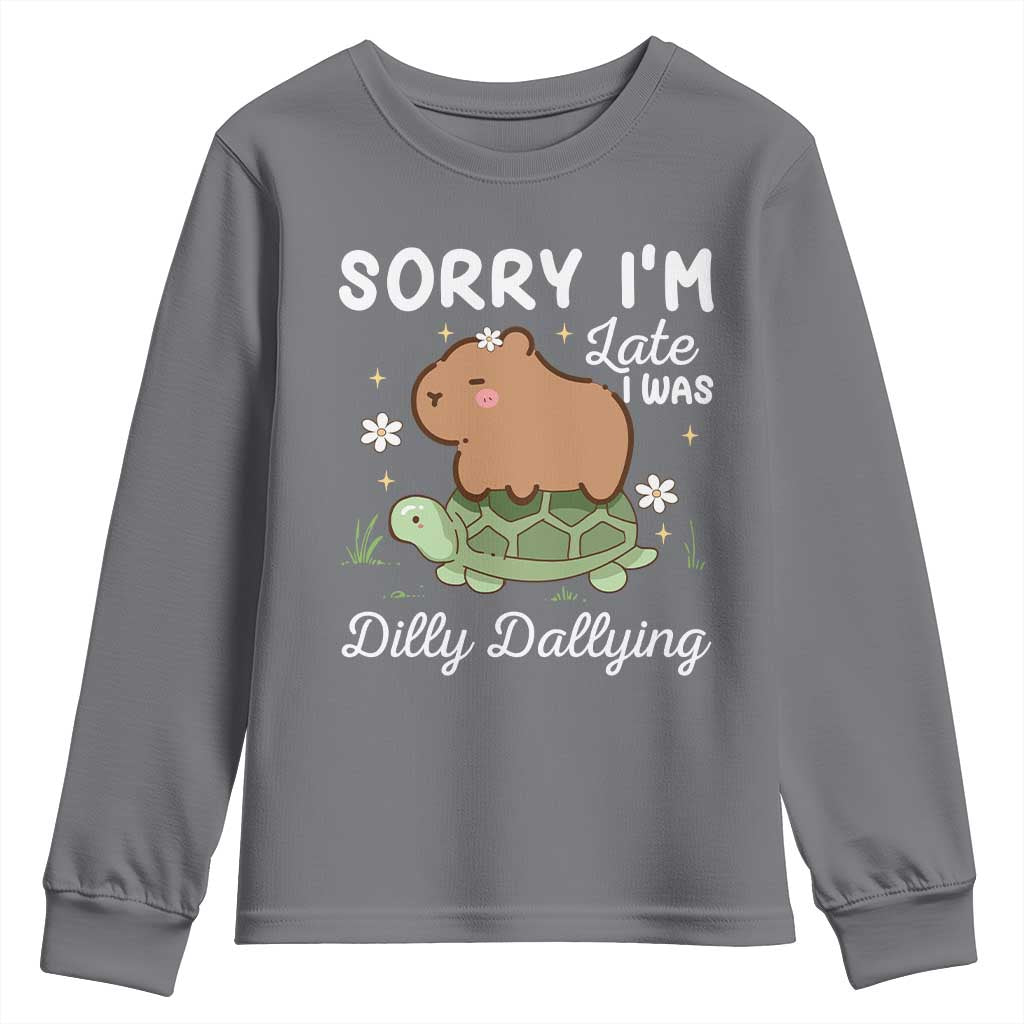 Funny Sorry I'm Late I Was Dilly Dallying Youth Sweatshirt Cute Capybara and Turtle TS09 Charcoal Print Your Wear