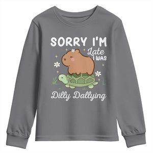 Funny Sorry I'm Late I Was Dilly Dallying Youth Sweatshirt Cute Capybara and Turtle TS09 Charcoal Print Your Wear