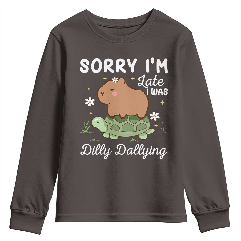 Funny Sorry I'm Late I Was Dilly Dallying Youth Sweatshirt Cute Capybara and Turtle TS09 Dark Chocolate Print Your Wear
