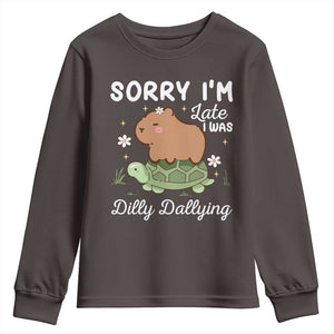 Funny Sorry I'm Late I Was Dilly Dallying Youth Sweatshirt Cute Capybara and Turtle TS09 Dark Chocolate Print Your Wear