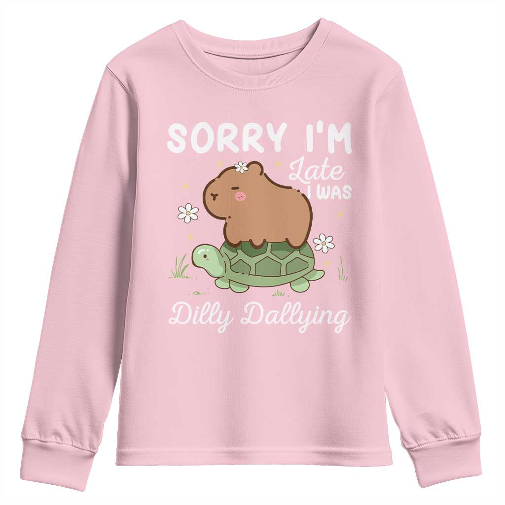 Funny Sorry I'm Late I Was Dilly Dallying Youth Sweatshirt Cute Capybara and Turtle TS09 Light Pink Print Your Wear