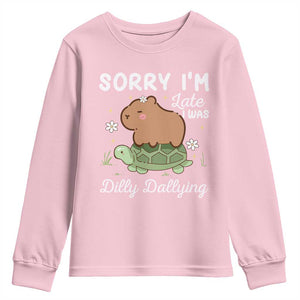 Funny Sorry I'm Late I Was Dilly Dallying Youth Sweatshirt Cute Capybara and Turtle TS09 Light Pink Print Your Wear