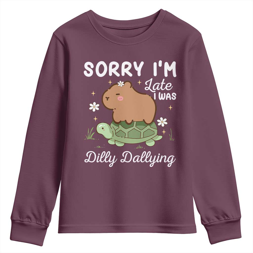 Funny Sorry I'm Late I Was Dilly Dallying Youth Sweatshirt Cute Capybara and Turtle TS09 Maroon Print Your Wear