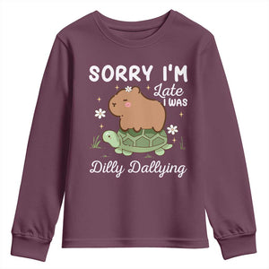 Funny Sorry I'm Late I Was Dilly Dallying Youth Sweatshirt Cute Capybara and Turtle TS09 Maroon Print Your Wear