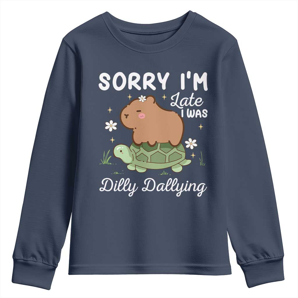 Funny Sorry I'm Late I Was Dilly Dallying Youth Sweatshirt Cute Capybara and Turtle TS09 Navy Print Your Wear