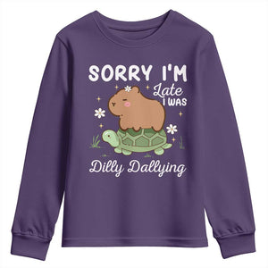 Funny Sorry I'm Late I Was Dilly Dallying Youth Sweatshirt Cute Capybara and Turtle TS09 Purple Print Your Wear