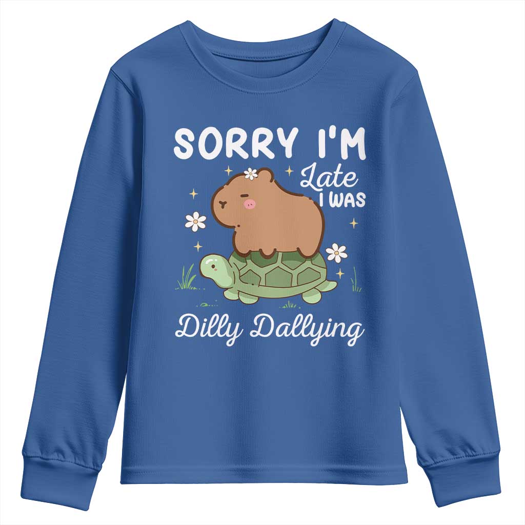 Funny Sorry I'm Late I Was Dilly Dallying Youth Sweatshirt Cute Capybara and Turtle TS09 Royal Blue Print Your Wear