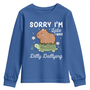 Funny Sorry I'm Late I Was Dilly Dallying Youth Sweatshirt Cute Capybara and Turtle TS09 Royal Blue Print Your Wear