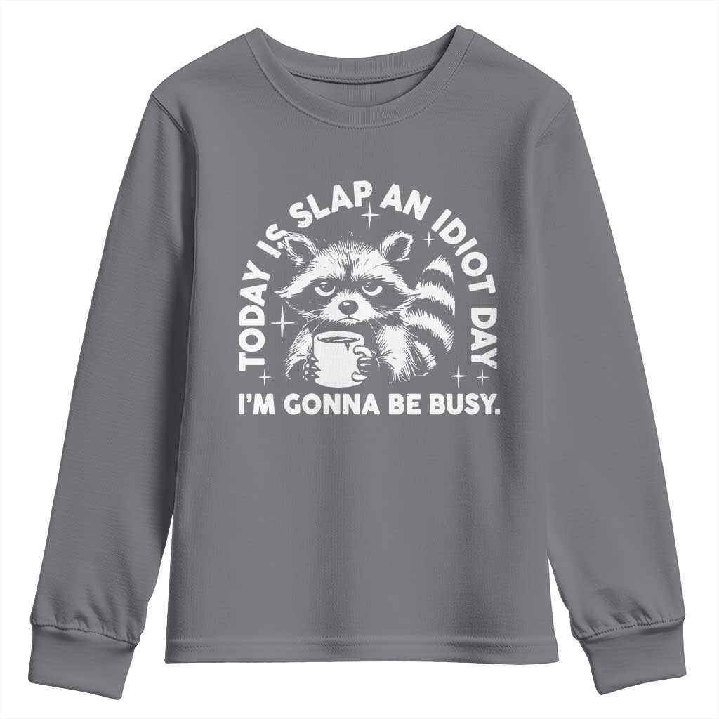 Funny Raccoon Today Is Slap An Idiot Day Youth Sweatshirt TS09 Charcoal Print Your Wear
