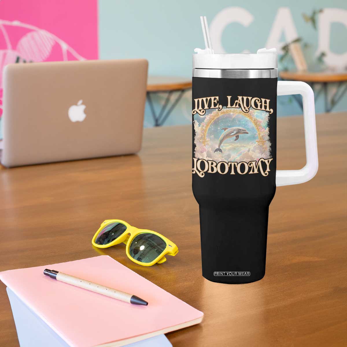 Funny Dolphin Meme Tumbler With Handle Live Laugh Lobotomy TS09 Print Your Wear