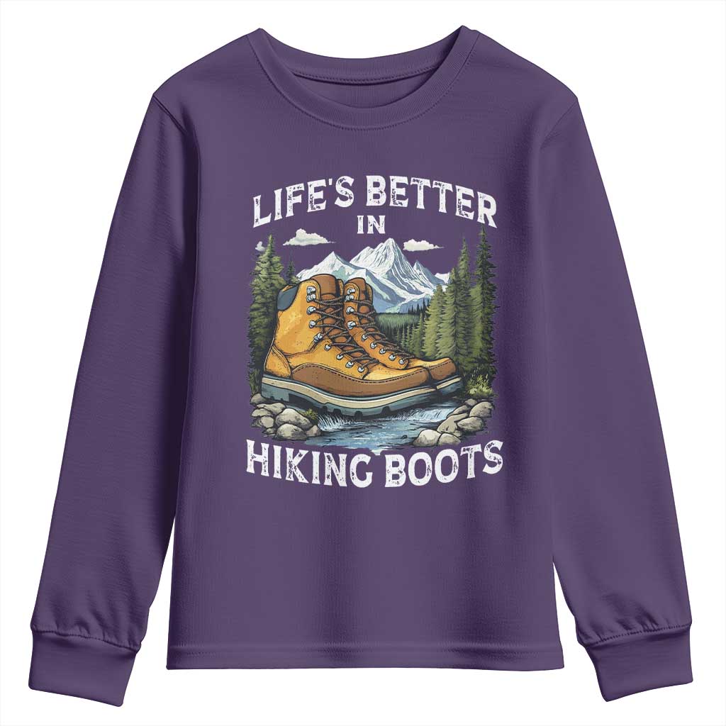 Hiking Youth Sweatshirt Life's Better in Hiking Boots TS09 Purple Print Your Wear